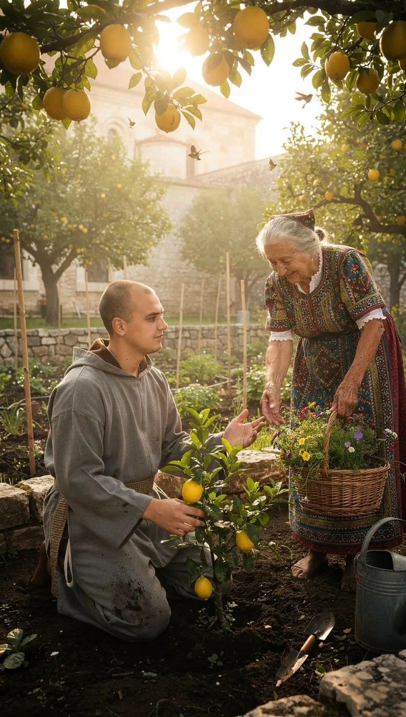 Ramybės oazė vienuolyno sode, kur auga citrinos ir žolelės.