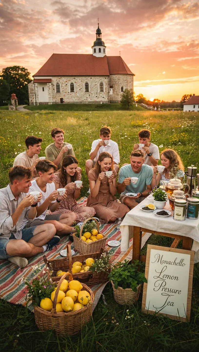 Citrinų arbatos pakelis su vienuolyno sodu fone